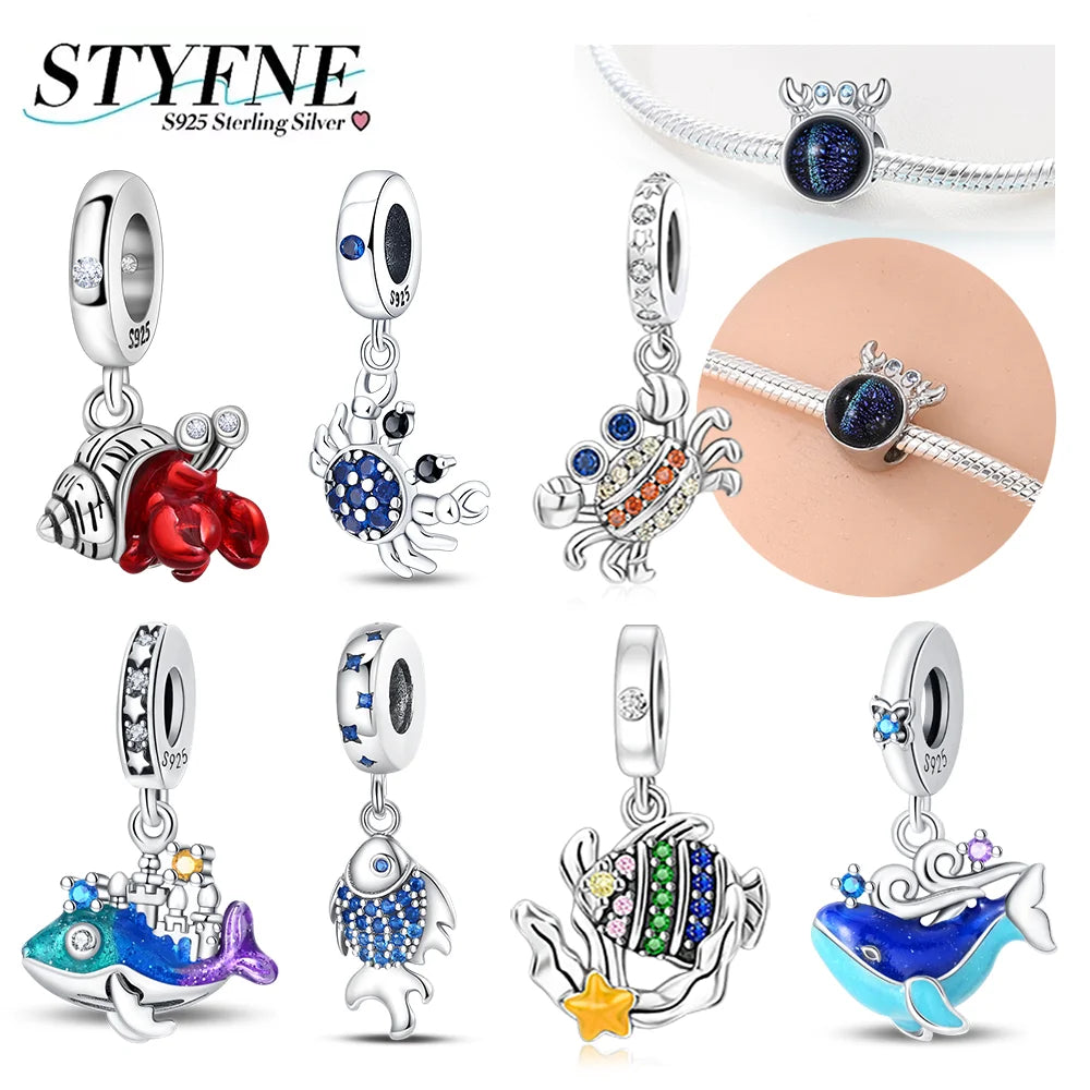 925 Silber DIY Schmuck Zubehör Zirkon Krabbe Wal Big Mouth Fisch Charms Perlen passen Original Armband Schmuckstück