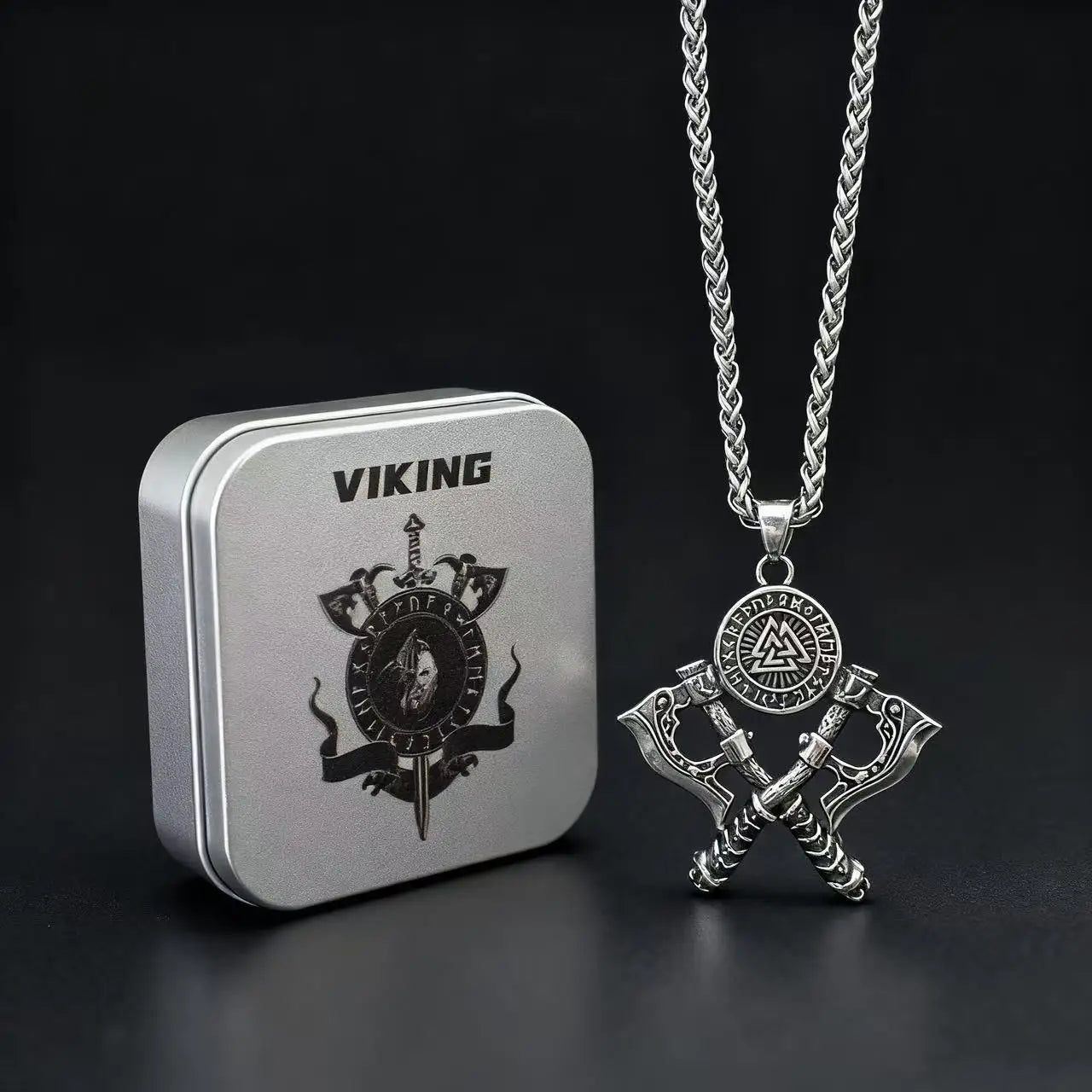 HNSP 316L Stainless Steel Double Axe Viking Pendant Chain Necklace For Men Vintage Jewelry Punk Accessories