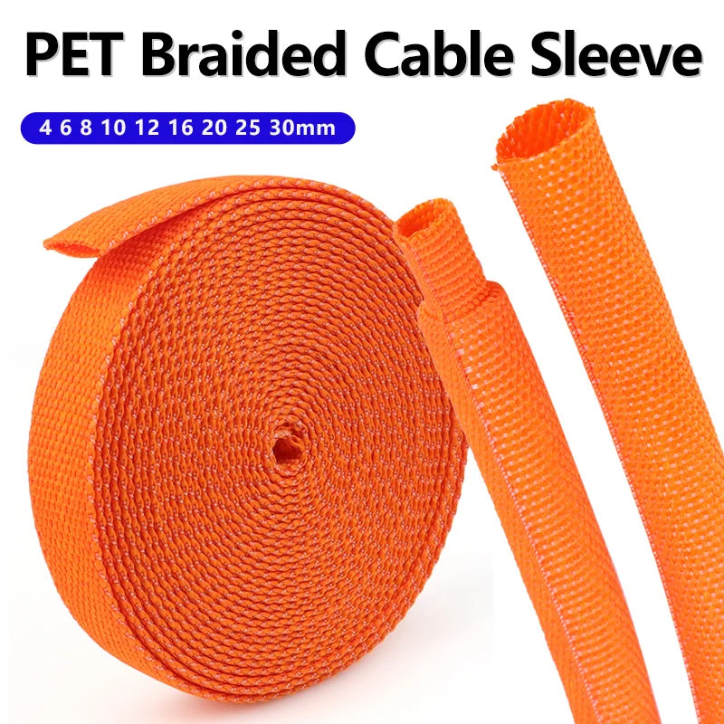 3/5 m orangefarbene geflochtene PET-Kabelhülse, 4–30 mm, Schrumpfschlauch, Isolierung, flammhemmender Schutz, Wickelhülle, Draht-Organizer