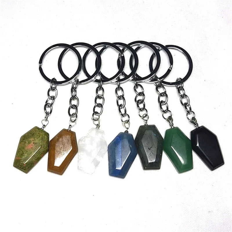 10 stücke Sarg Form Glück Natürliche Stein Schlüssel Ringe Quarz Kristall Achate Schlüsselanhänger Anhänger Schmuck Groß