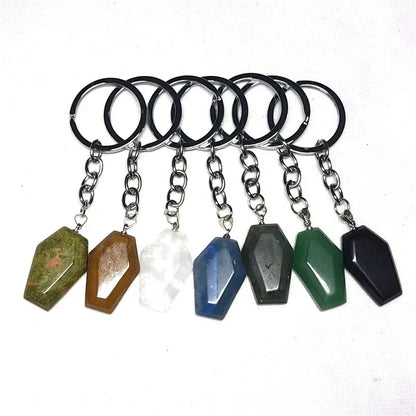 10 stücke Sarg Form Glück Natürliche Stein Schlüssel Ringe Quarz Kristall Achate Schlüsselanhänger Anhänger Schmuck Groß