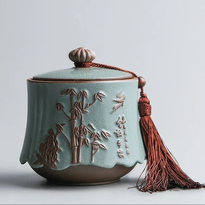 Hand-carved lotus celadon ash pet urn, dog and cat cremation urns, ceramic urns, sealed jar, funeral memorial art, large size