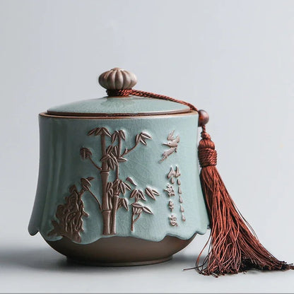 Hand-carved lotus celadon ash pet urn, dog and cat cremation urns, ceramic urns, sealed jar, funeral memorial art, large size