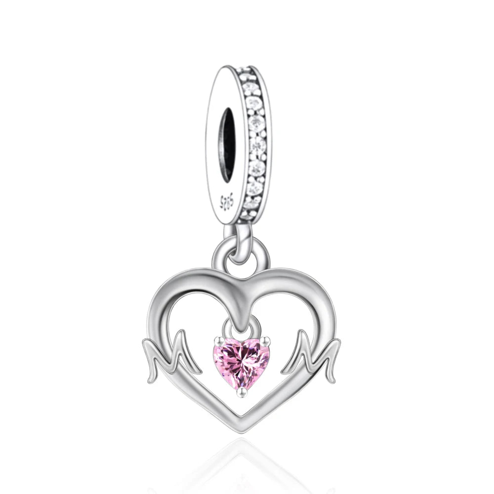 Charm-Anhänger aus 925er-Sterlingsilber mit Oktopusperlen und Stammbaum und Herz, passend für Schlangenarmband, Boutique-Halskette, rosa Anhänger, Geschenk