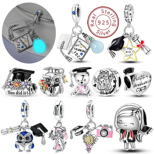Graduation Series Original Charms Perlen Anhänger 925 Sterling Silber Blumen Kappe Herz Charms für Armband DIY Party Schmuck Geschenk