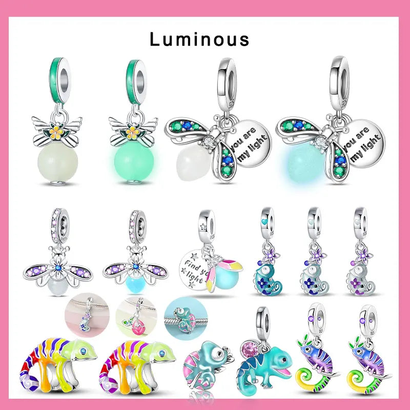 Charms aus 925er-Sterlingsilber, Chamäleon, leuchtende Glühwürmchen-Schmetterlings-Charms, Perlen, passend für 925 Original-Armbänder, feine DIY-Schmuckherstellung