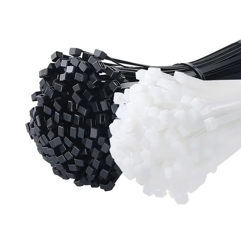 250/500/1000 Stück selbstsichernde weiße schwarze Kunststoff-Nylon-Kabelbinder, Befestigungsring, Nylon-Klemmband mit Schloss, 3 x 100, 4 x 300 mm