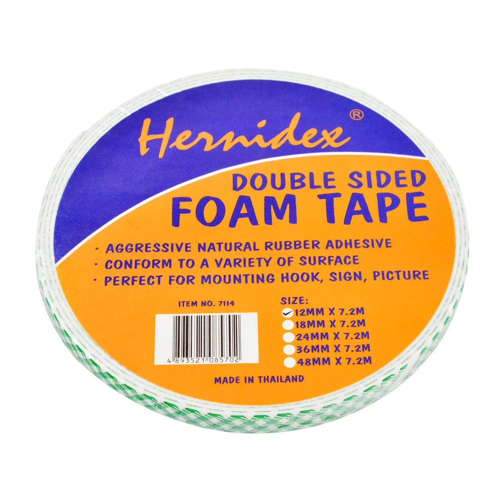 HERNIDEX Doppelseitiges Schaumstoffband 12 mm x 7,2 m, robuster Kleber zur Montage von Haken, Singen, Bildern, entsprechen einer Vielzahl von Oberflächen