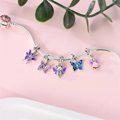 Heißer Verkauf, 925er-Sterlingsilber, Sterne und Mond, Perlen, Schmetterling und Engel, baumelnder Charm, passend für Armbänder, niedliche bunte Anhänger-Geschenke
