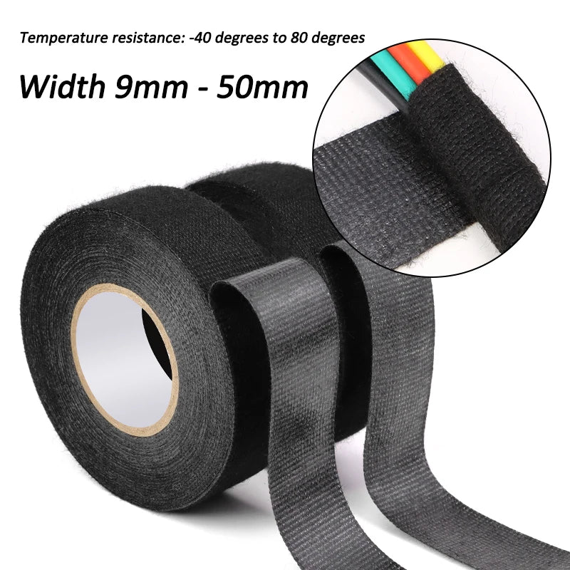 Hitzebeständiges Elektroisolierband 9mm - 50mm Kabelbaum-Isolierband Automotive Schwarzes Stoffband Geräuschdämpfendes Klebeband