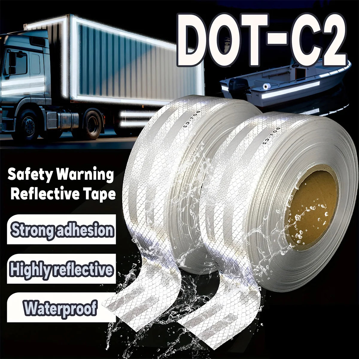 Weißes reflektierendes Klebeband DOT-C2, Sicherheitswarnung, klebriger Straßenaufkleber, wasserdichter reflektierender Streifen für LKW, Van