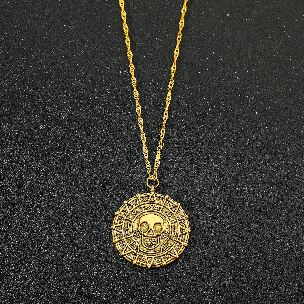 Fluch der Karibik Jack Sparrow Azteken Skelett Schädel Köpfe Münze Medaillon Anhänger Vintage Schmuck Halskette für Großhandel