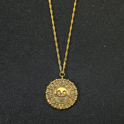 Fluch der Karibik Jack Sparrow Azteken Skelett Schädel Köpfe Münze Medaillon Anhänger Vintage Schmuck Halskette für Großhandel