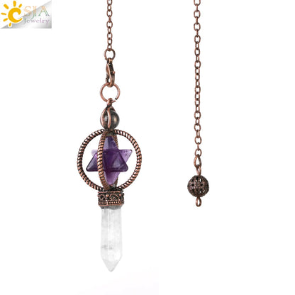 CSJA Esoterik Kristallpendel für Wünschelpen, Weissagung, Pendel, Merkaba, Naturstein-Anhänger, klarer Quarz, rote Bronze, G930