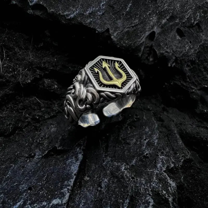 Retro Poseidon Kompass Ring versilbert Hexagramm Öffnung verstellbarer Ring Männer und Frauen Hip-Hop Trend Schmuck Geschenk
