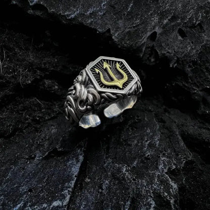 Retro Poseidon Kompass Ring versilbert Hexagramm Öffnung verstellbarer Ring Männer und Frauen Hip-Hop Trend Schmuck Geschenk