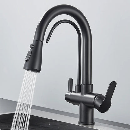 Quyanre Mattschwarzer gefilterter Kran für die Küche, herausziehbares Spray, 360-Grad-Drehung, Wasserfilterhahn, drei Möglichkeiten, Waschbeckenmischer, Küchenarmatur