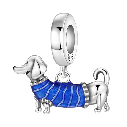 Blue Series Charm-Anhänger aus 925er-Sterlingsilber, Dackel-Feder, Meer, Kokosnussbaum, Stern, Hexe, passend für DIY-Armbänder, Halsketten, Partygeschenke