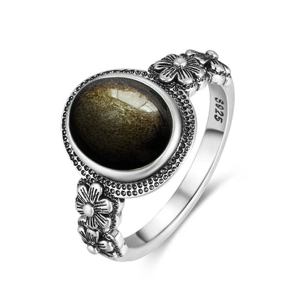Vintage S925 Sterling Silber Ring Oval Runde Natürliche Obsidian Ring Sonne Und Blume Geformt Retro Edlen Schmuck Für Frauen Männer