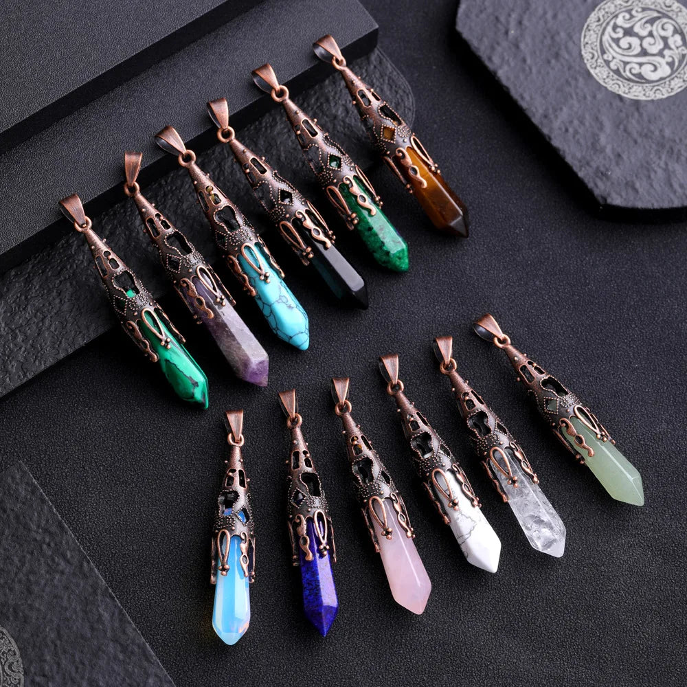 Retro Messing Chakra Halskette sechseckiges Prisma Edelstein Quarz Kristall Stein Heilung Anhänger Halskette für spirituelle Energie Heilung