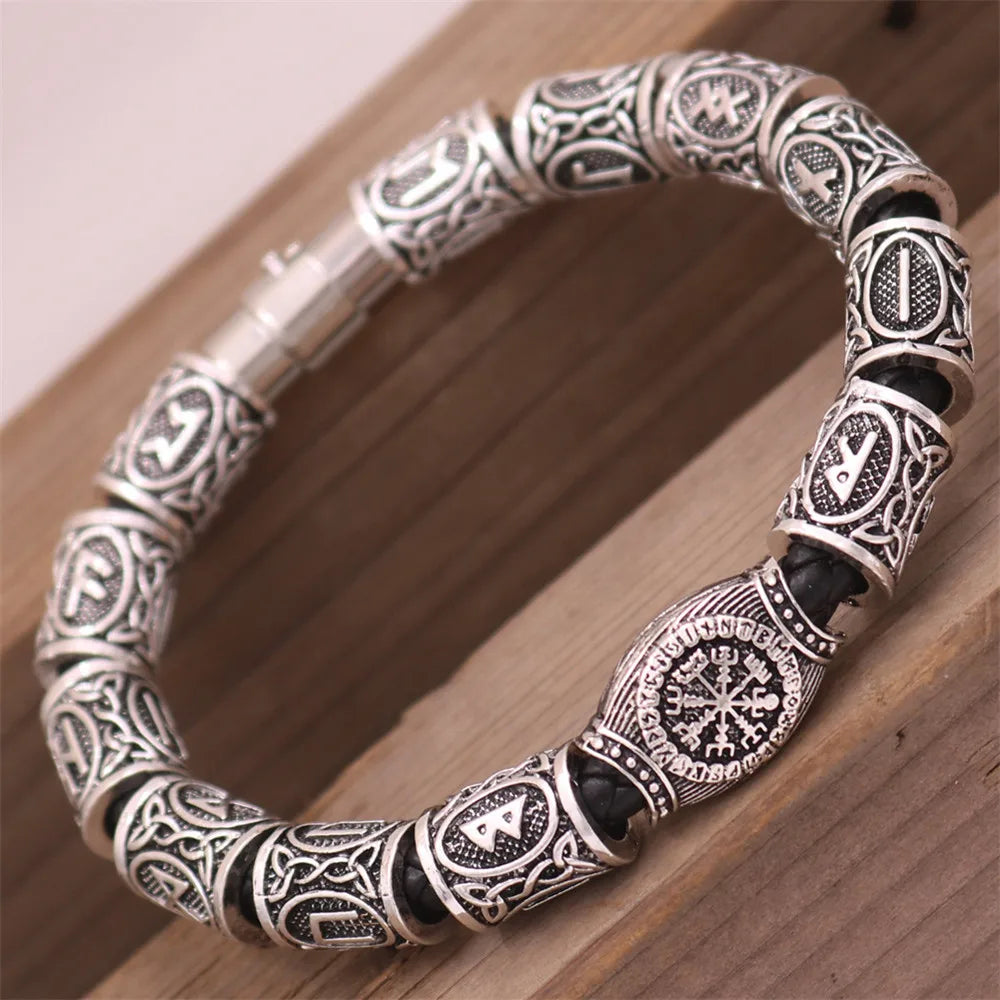 Mkendn Wikinger Accessoires Runen Perlen DIY Schmuck Herren Damen Wikinger Leder Armreifen mit Charms Bart Perlen