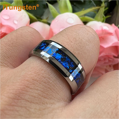 iTungsten 8 mm schwarze/silberne Wolfram-Eheringe für Männer und Frauen mit blauen Folien, abgeschrägte Kanten, polnisch, glänzend, bequeme Passform