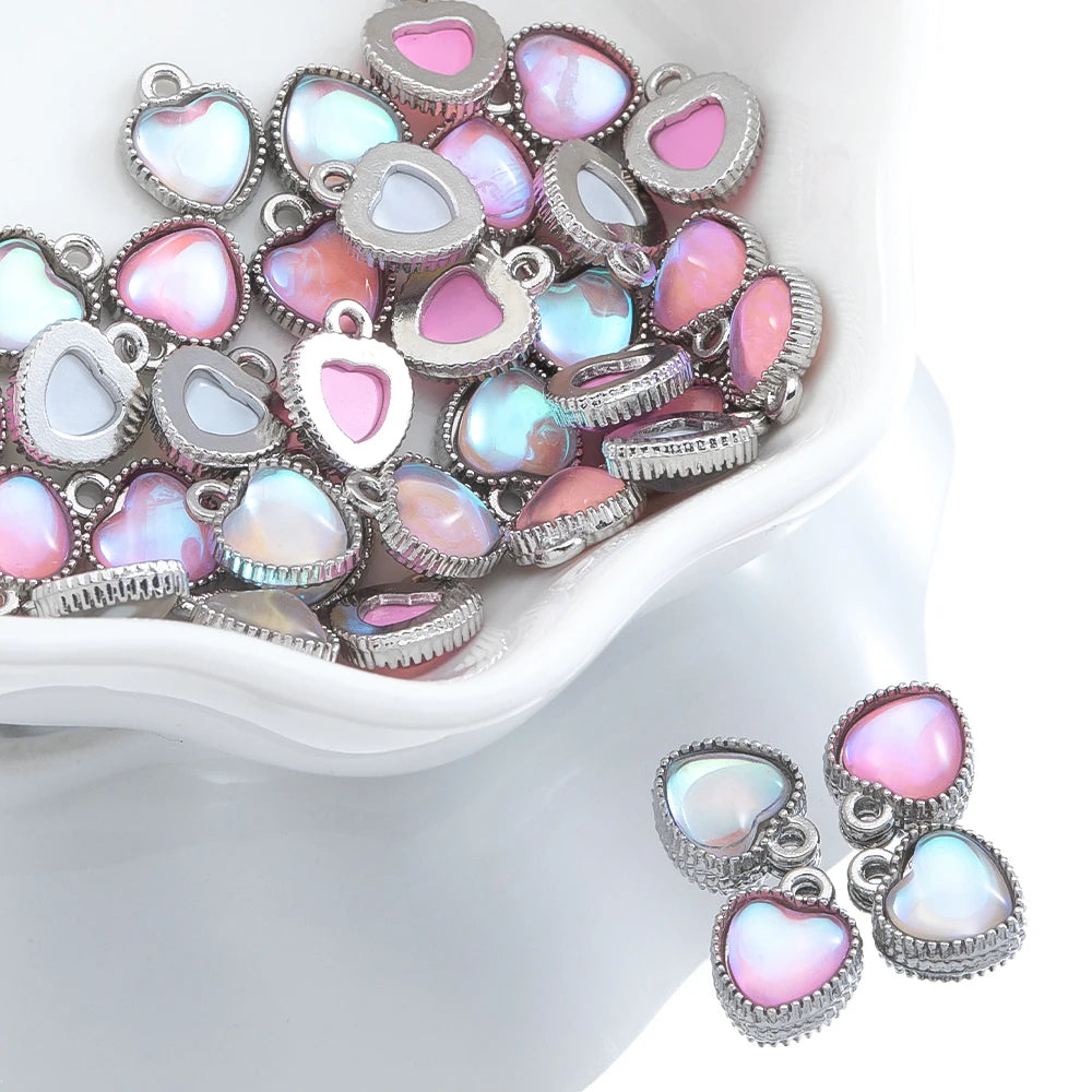 10 Stück AB Farbe Herz Glasperlen Anhänger mit antikem Silberrahmen für DIY Valentinstag Ohrring Halskette Schmuck