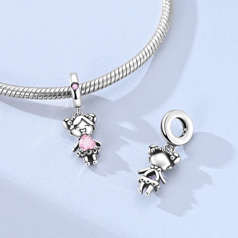 Charm-Anhänger aus 925er-Sterlingsilber, lila Herz, Mond, Planet, Perlen, passend für Charms, Silber, Original-Armband für Damen, Schmuck