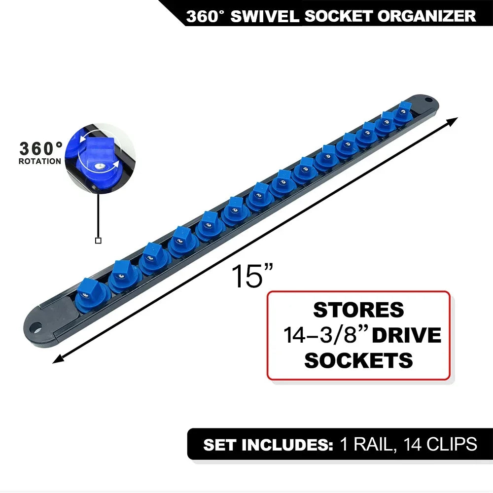 360 °   Drehbarer ABS-Sockel-Organizer, 1/4 Zoll, 3/8 Zoll, 1/2 Zoll, Premium-Qualität, Sockel-Clip-Schienenhalter, Steckdosen-Organizer, Werkzeuge, Blau und Rot
