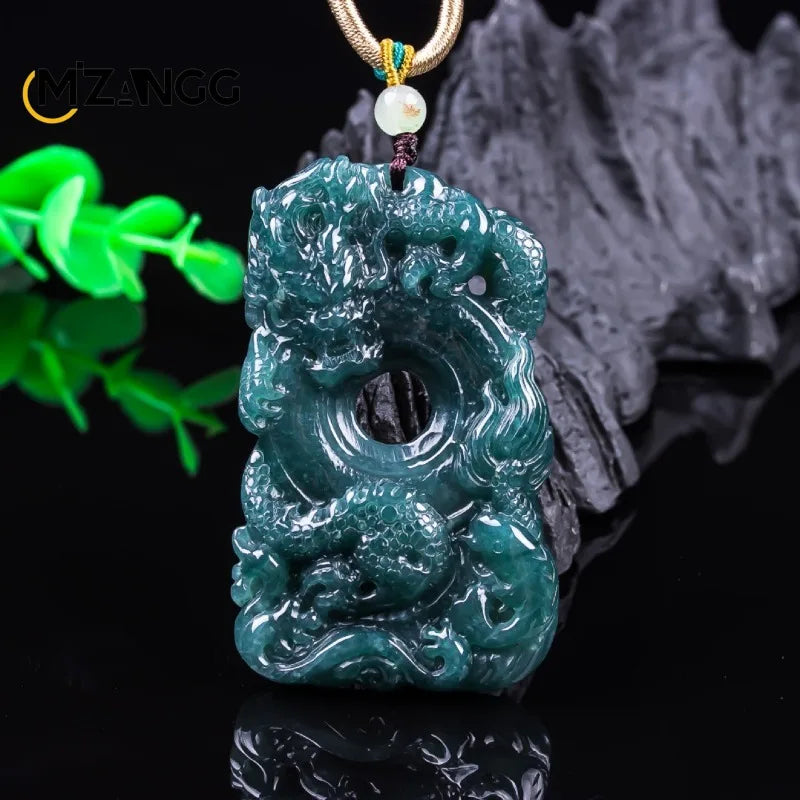 Natürlicher Jadeit, blaues Wasser, neun Drachen, Wächter-Anhänger, exquisite Eistyp-Jadeit-Halskette, festliches Geschenk für Männer und Frauen