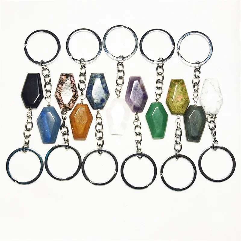 10 stücke Sarg Form Glück Natürliche Stein Schlüssel Ringe Quarz Kristall Achate Schlüsselanhänger Anhänger Schmuck Groß