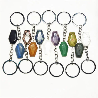 10 stücke Sarg Form Glück Natürliche Stein Schlüssel Ringe Quarz Kristall Achate Schlüsselanhänger Anhänger Schmuck Groß