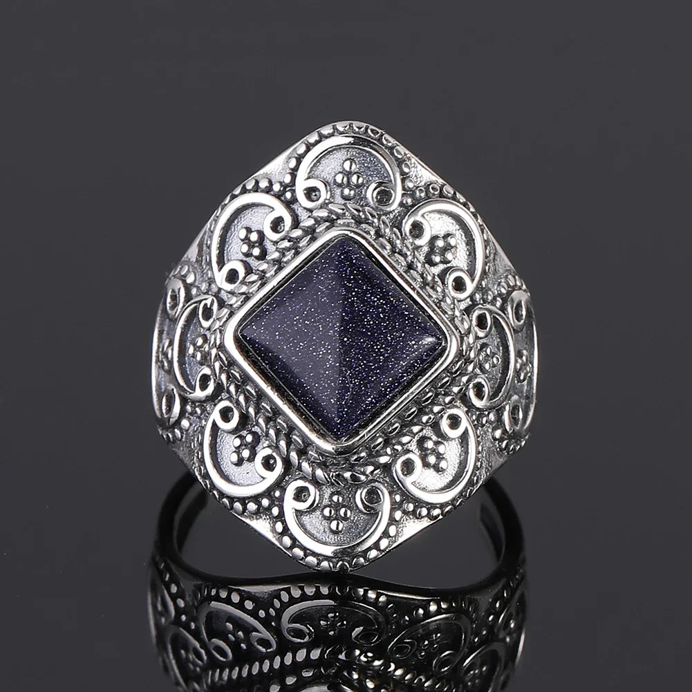Ring aus 925er-Sterlingsilber, oval, rund, natürlicher blauer Sandstein, Ring für Frauen, Geschenk, Retro-Luxus, edler Schmuck