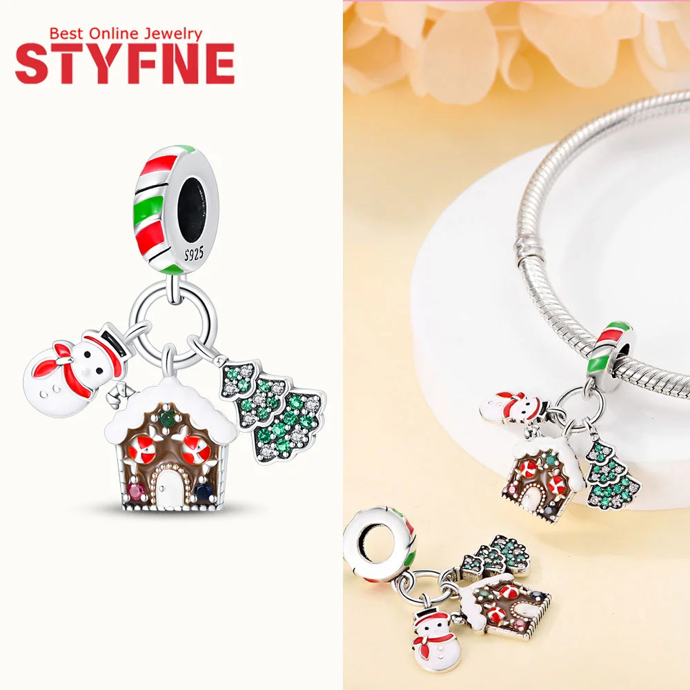 S925 Silber Weihnachten Schneeflocke Charms Herzförmige Glänzende Zirkon Perle Fit Original Armband Diy Edlen Schmuck Weihnachten Geschenk