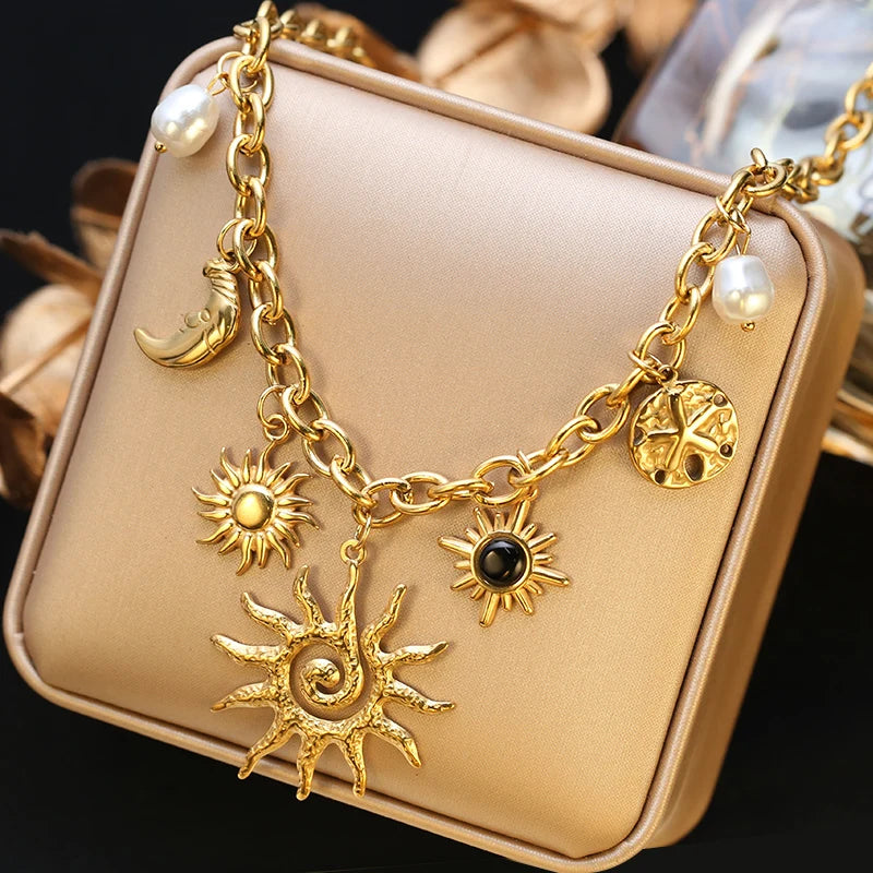 EILIECK 316L Edelstahl Sonne Herz Blume Anhänger Halskette 18K vergoldet Zubehör Charme handgemachten Schmuck für Frauen Mädchen