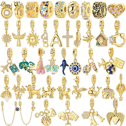 Goldfarbene Charms aus 925er Sterlingsilber, original goldene Sicherheitskette, runder Abstandshalter-Clip-Charm, DIY-Schmuck für Damen, Armband, Geschenk