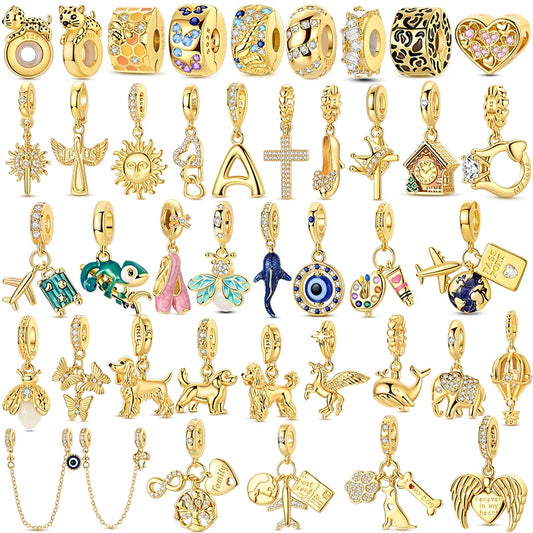Goldfarbene Charms aus 925er Sterlingsilber, original goldene Sicherheitskette, runder Abstandshalter-Clip-Charm, DIY-Schmuck für Damen, Armband, Geschenk