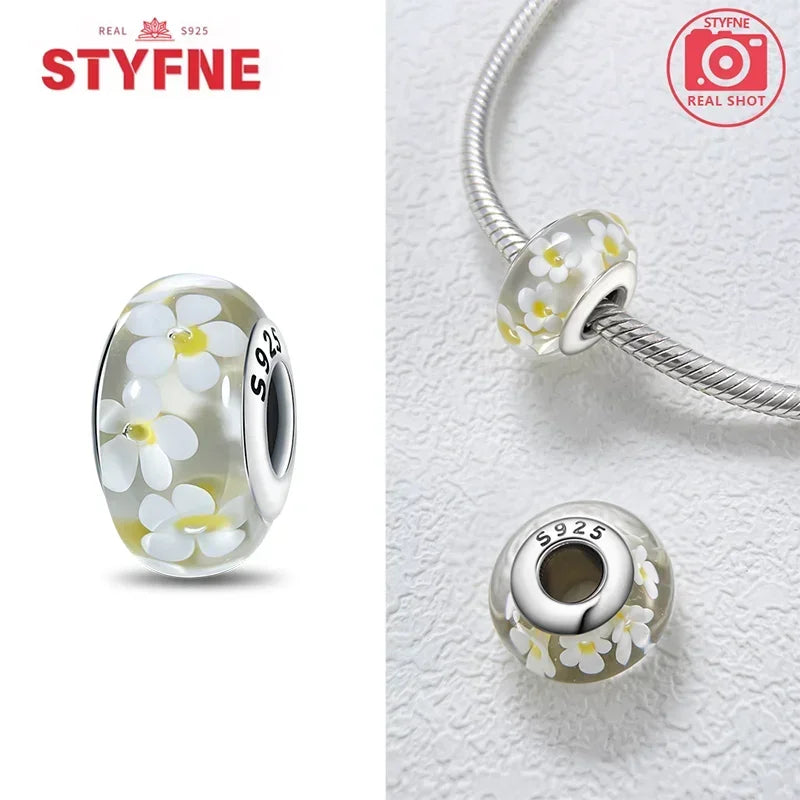 Echtes Sterlingsilber 925, Blumen-Charms, Glas, neue Original-Perle, bunt, Murano, passend für Original-Armbänder, DIY für Frauen, Schmuck, Geschenke