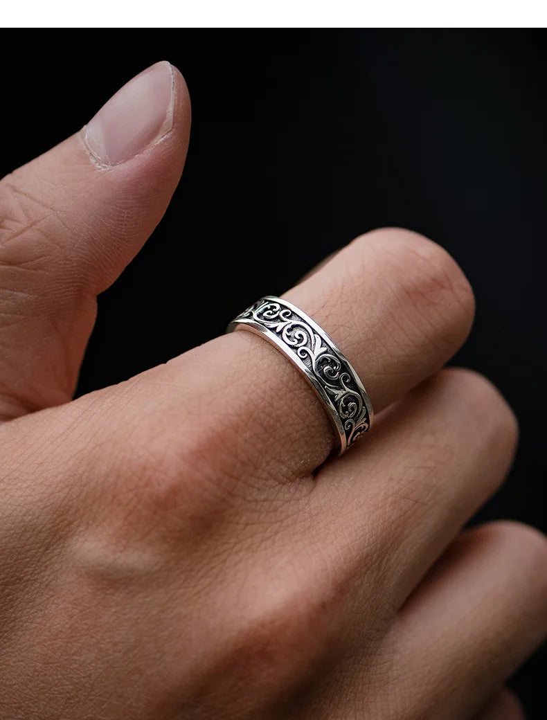 Retro Thai Silber Gras Muster Ring für Männer Trendy Vielseitig Personalisierter Schmuck Offene Einzelringe Fingerschmuck KOFSAC