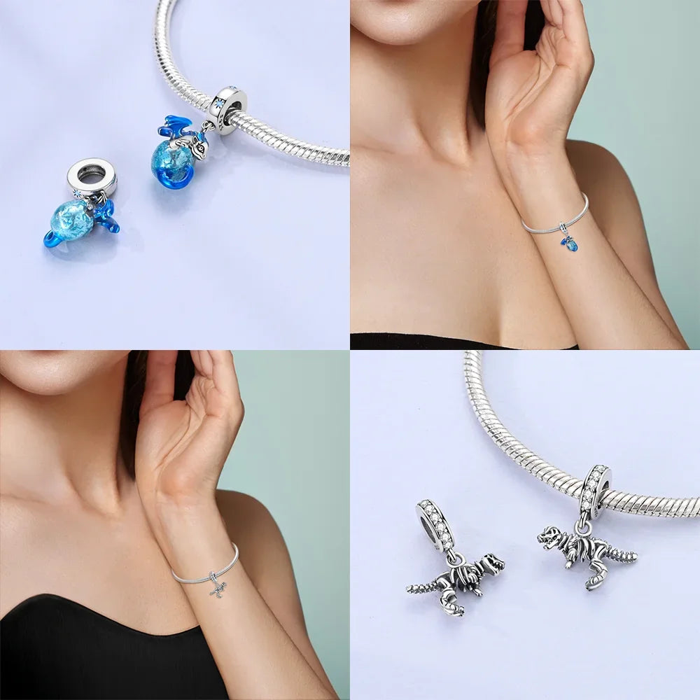 Charms der Drachen-Serie, 925er Silber, Flugsaurier, Tyrannosaurus, Chamäleon-Charm-Anhänger, passend für Original-Armbänder, DIY-Schmuckherstellung