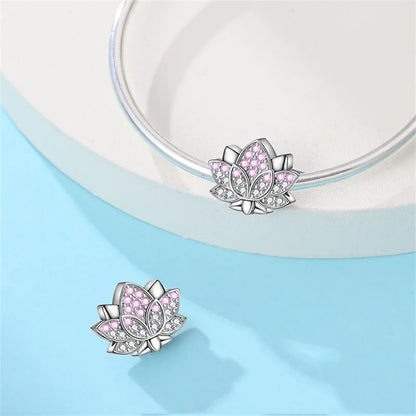 Lotusblüten-Anhänger aus 925er-Sterlingsilber, hypoallergen, Charm-Perle, rosa Zirkon, eingelegt, passend für Armbänder, Schmuck, Geschenk für Frauen