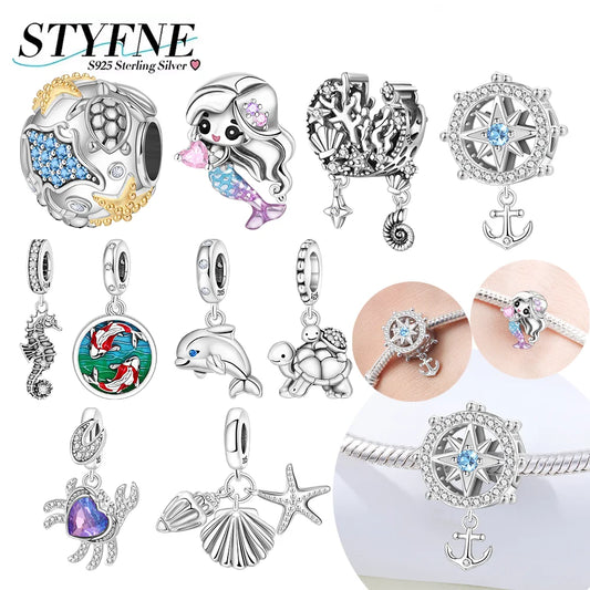 Charm-Anhänger aus 925er Silber, Ozean-Serie, Meerjungfrau, Schildkröte, Delfin, Ruder, Perlen, Anhänger, passend für Armbänder, Zubehör, Perlenschmuck, schönes Geschenk