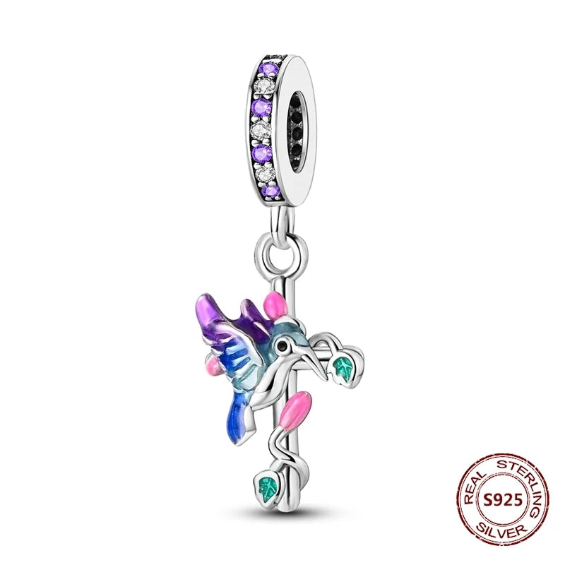 Gelber Sonnenblumen-Charm aus 925er Silber, Original-Zirkon, Kolibri, Einhorn-Charms, passend für Armbänder, DIY-Schmuck für Frauen, Hochzeitsgeschenk