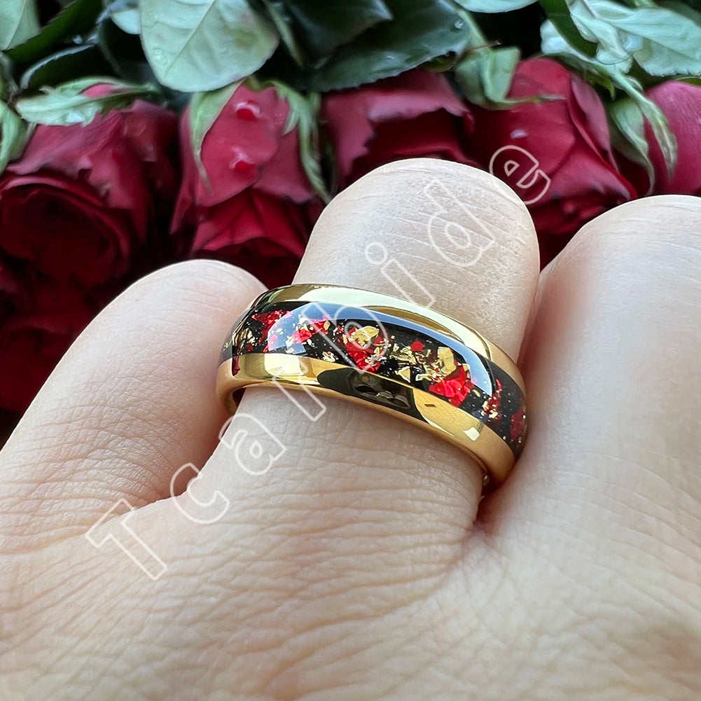 Dropshipping 6mm 8mm 18k Gold Farbe Kuppel Ehering Schöner Wolframkarbid Ring mit roter und Goldfolieninlage Comfort Fit