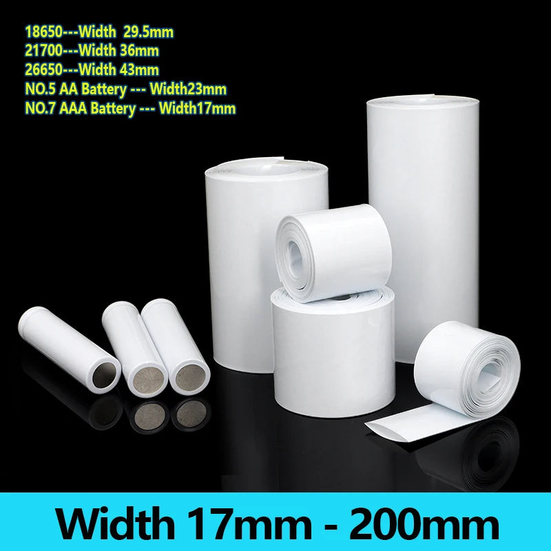 Weißer PVC-Schrumpfschlauch, Breite 17 mm ~ 200 mm, wasserdicht, isoliert, für 18650-Akkupacks, Kabelschutz, Schutzhülle, Folienhülle