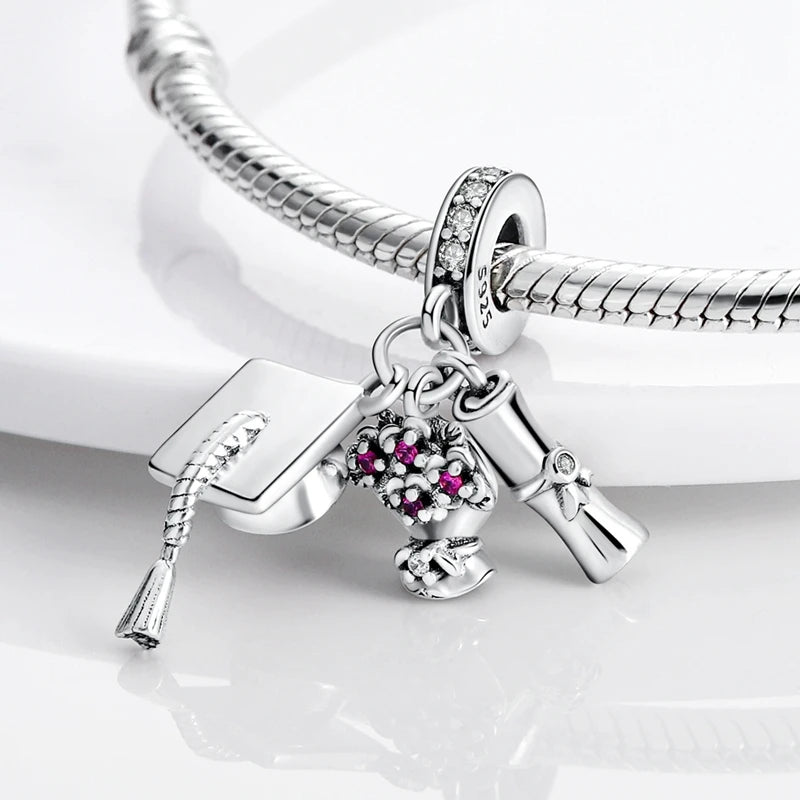 Graduation Series Original Charms Perlen Anhänger 925 Sterling Silber Blumen Kappe Herz Charms für Armband DIY Party Schmuck Geschenk