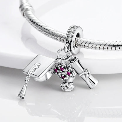 Graduation Series Original Charms Perlen Anhänger 925 Sterling Silber Blumen Kappe Herz Charms für Armband DIY Party Schmuck Geschenk
