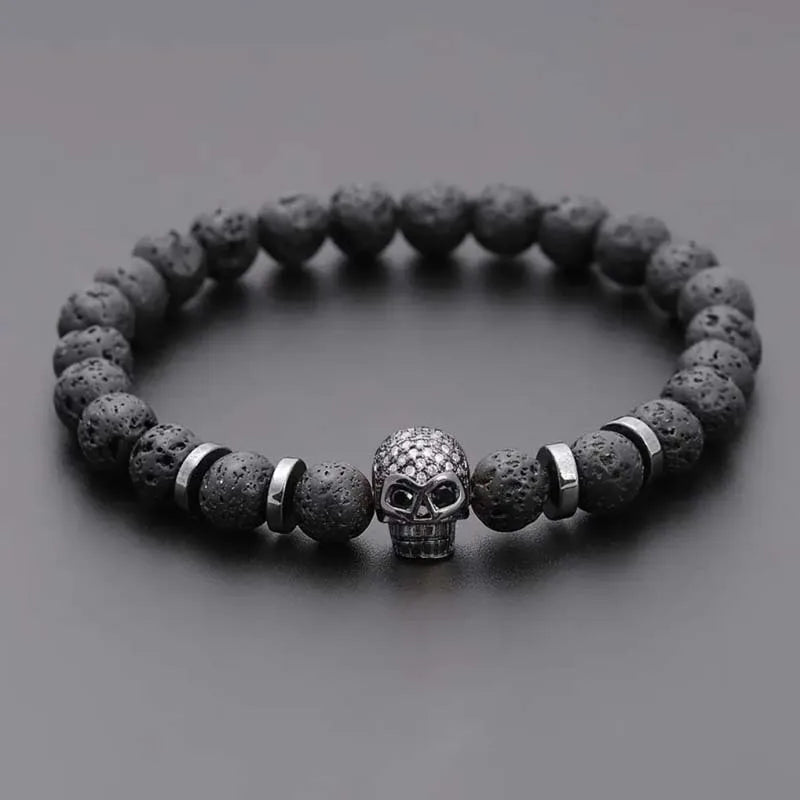 Black Eye Skull Hematite Beaded Bracelet Men Classic Handmade 8mm Lava Stone Charm Bracelet for Men Jewelry Gift