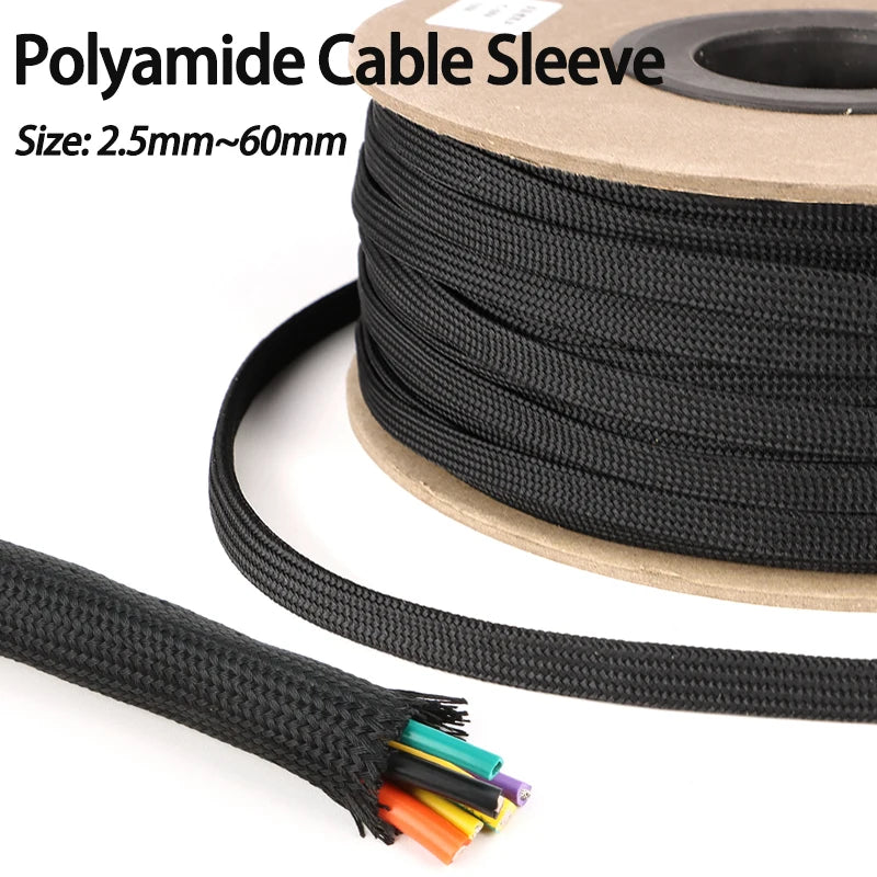 2/5 m schwarze Kabelhülse, 2,5 mm–60 mm, hochdichtes Polyamid, Drahtschutz, erweiterbare Hülle, fester, mit Nylon geflochtener, isolierter Ummantelung