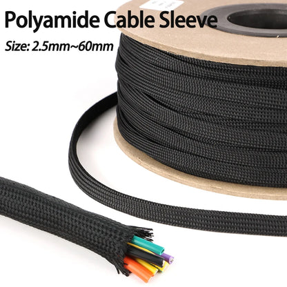 2/5 m schwarze Kabelhülse, 2,5 mm–60 mm, hochdichtes Polyamid, Drahtschutz, erweiterbare Hülle, fester, mit Nylon geflochtener, isolierter Ummantelung